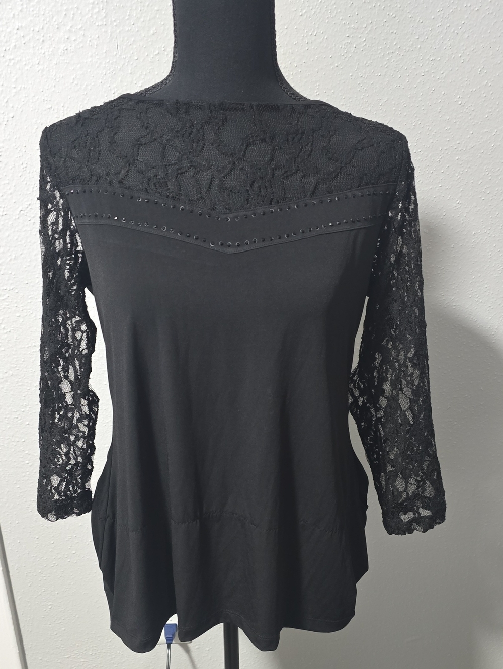 Belldini Black Lace Yoke Long Sleeve Top